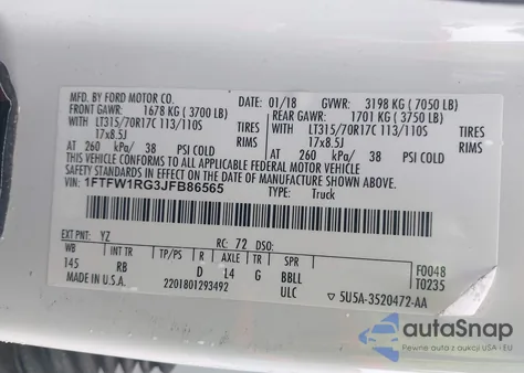 2018 Ford F-150 Raptor z USA, uszkodzony, nr VIN 1FTFW1RG3JFB86565